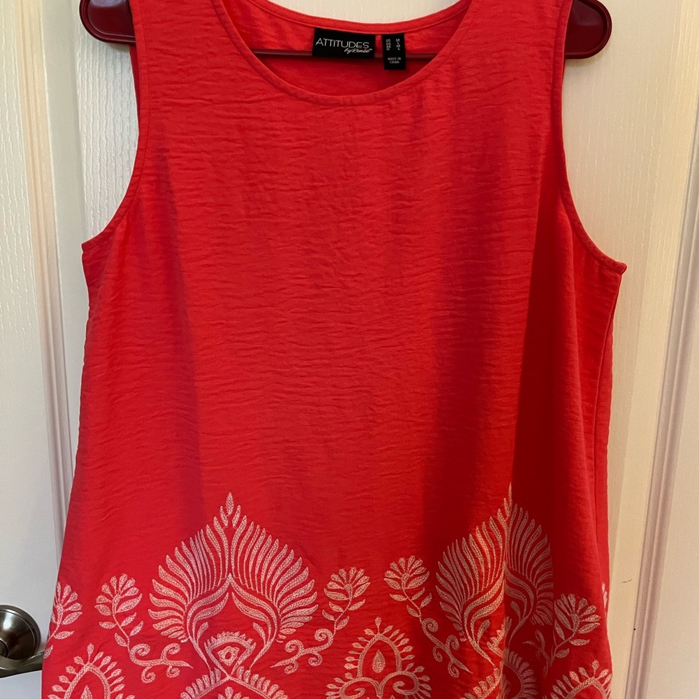 Attitudes by Renee Coral Tank Top with White Embroidered Hem